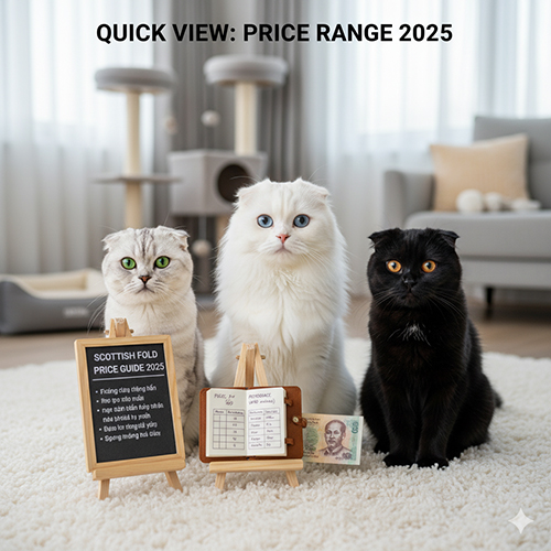 Ba mèo tai cụp Scottish Fold với bảng giá và tiền Việt, minh họa khung giá năm 2025 theo nguồn gốc, màu lông và độ cụp tai.