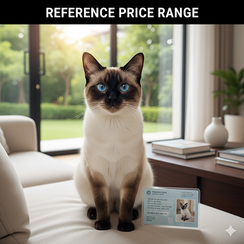 Mèo Xiêm ngồi cạnh bảng giá minh họa, nền sáng trong phòng khách, ảnh minh họa khung giá mèo Xiêm