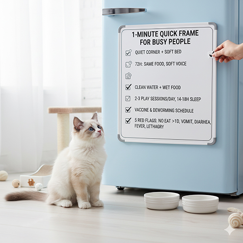 Mèo Ragdoll con ngồi nhìn bảng checklist chăm sóc 1 phút cho người bận trong nhà