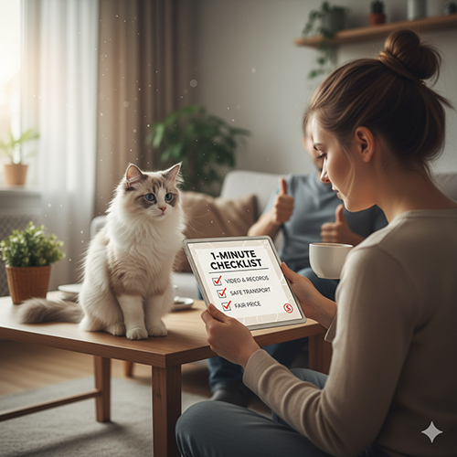 Người nuôi đang xem checklist mua mèo Ragdoll an toàn trên máy tính bảng, bên cạnh là một bé Ragdoll ngồi trên bàn.