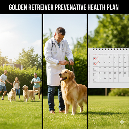 Bác sĩ thú y khám cho Golden Retriever và lịch tiêm phòng – minh họa khung phòng bệnh cơ bản