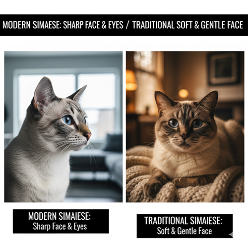 So sánh khuôn mặt và đôi mắt giữa mèo Xiêm hiện đại và mèo Xiêm truyền thống