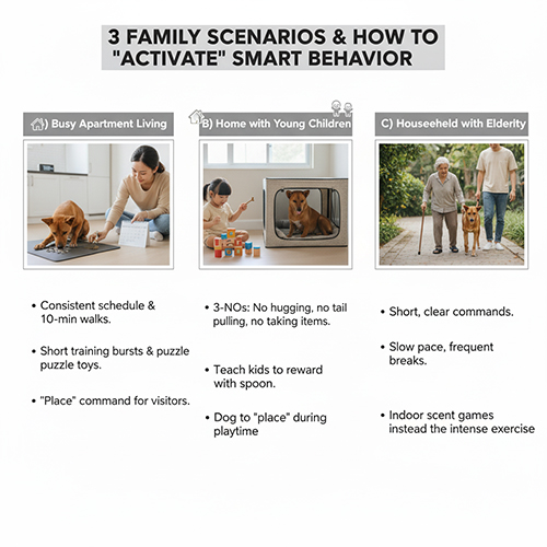 Ba tình huống huấn luyện chó cỏ theo kiểu gia đình: sống ở căn hộ, nhà có trẻ nhỏ và nhà có người lớn tuổi; minh họa cách dạy chó phù hợp từng môi trường.