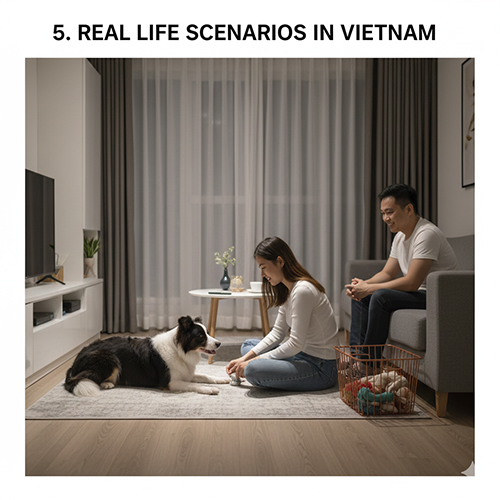 Gia đình trẻ chơi cùng Border Collie trong phòng khách căn hộ