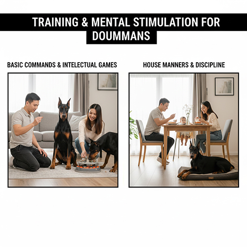 Gia đình huấn luyện Doberman trong nhà với lệnh cơ bản và nề nếp sinh hoạt, kết hợp trò chơi kích thích trí tuệ
