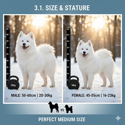 So sánh kích thước Samoyed đực và cái với chiều cao và cân nặng minh họa