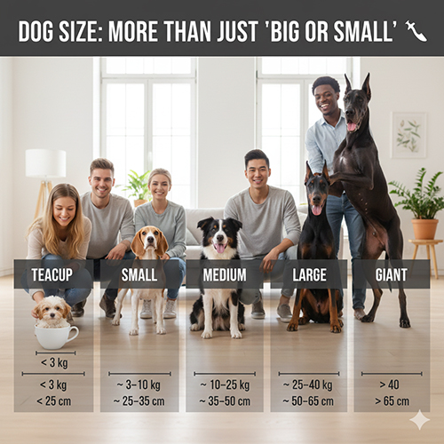 So sánh các nhóm kích thước chó từ siêu nhỏ đến khổng lồ theo chiều cao và cân nặng