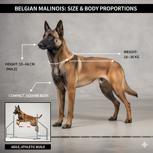 Infographic kích thước và tỉ lệ cơ thể chó Béc Bỉ Malinois đực trưởng thành