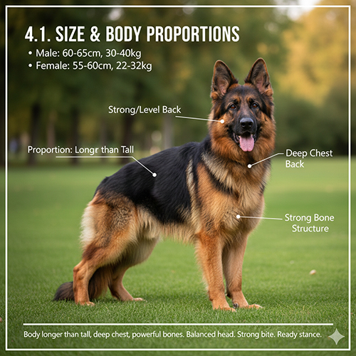 Chó Becgie Đức trưởng thành đứng trên thảm cỏ, hiển thị các chú thích về lưng thẳng, ngực sâu, xương khỏe và tỉ lệ thân dài hơn chiều cao