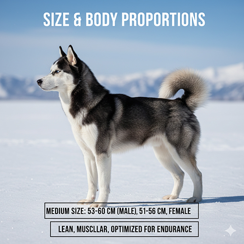 Husky đứng nghiêng trên tuyết, thể hiện rõ dáng thon gọn và tỉ lệ cơ thể cân đối