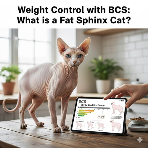 Mèo Sphynx đứng cạnh máy tính bảng hiển thị thang điểm BCS để minh họa đánh giá mập – ốm.