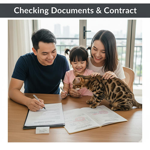Gia đình xem và ký hợp đồng mua mèo Bengal trên bàn, bên cạnh là sổ tiêm và mèo đang đứng trên giấy tờ