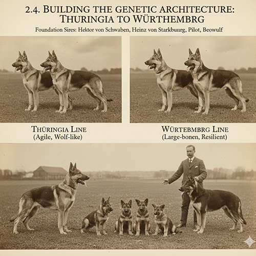 Hình ảnh các chú chó Becgie Đức thuộc hai dòng Thuringia và Wurttemberg, kèm hình Max von Stephanitz đứng cùng đàn chó nền tảng