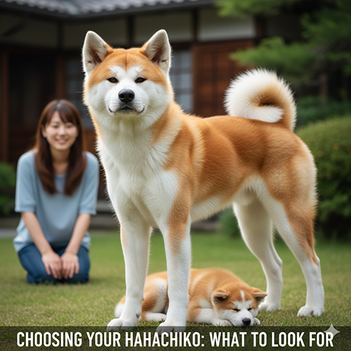 Chó Akita Inu trưởng thành và chó con trong sân vườn, minh họa việc chọn Akita “chuẩn Hachiko”