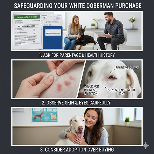 Hướng dẫn chọn mua chó Doberman trắng an toàn, kiểm tra phả hệ, da mắt và cân nhắc nhận nuôi