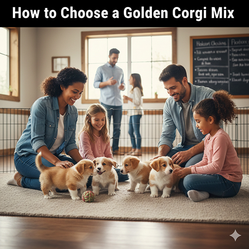 Gia đình đang ngồi trên sàn chơi với đàn chó Golden lai Corgi con, minh họa kinh nghiệm chọn mua chó golden lai corgi khỏe mạnh