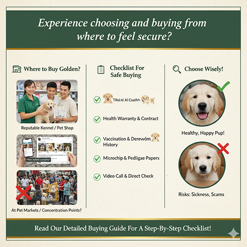 Infographic kinh nghiệm chọn mua chó Golden Retriever an toàn, so sánh trại uy tín, mua online và chợ chó, kèm checklist kiểm tra sức khỏe – giấy tờ