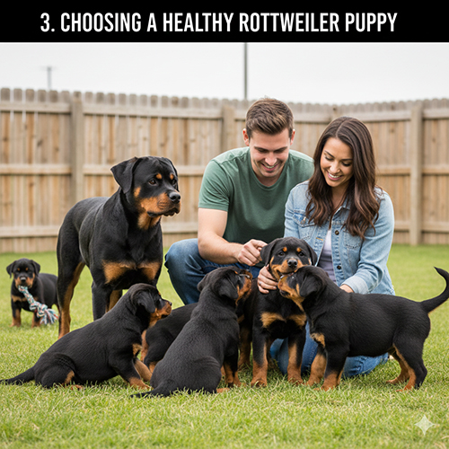 Gia đình chọn chó Rottweiler con 2–3 tháng tuổi khỏe mạnh trong đàn