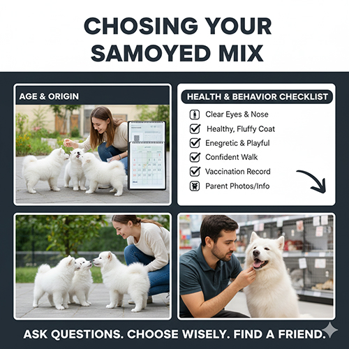 Hình minh họa các bước chọn mua chó Samoyed lai: kiểm tra độ tuổi, sức khỏe, hành vi và nguồn gốc