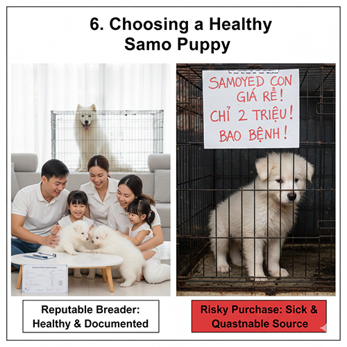 So sánh Samoyed con khỏe mạnh từ nơi uy tín với Samoyed giá rẻ nhiều rủi ro để hướng dẫn cách chọn mua