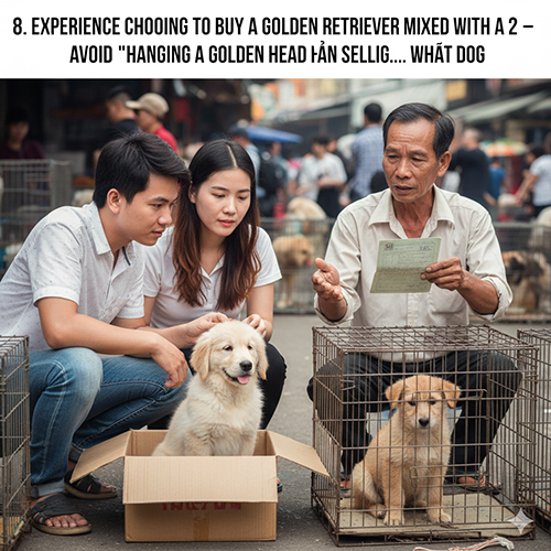 Gia đình xem chó Golden lai chó cỏ con tại điểm bán, người bán đưa sổ thông tin