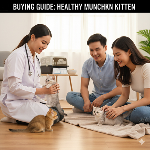 Cặp đôi trẻ cùng bác sĩ thú y kiểm tra sức khỏe ba chú mèo Munchkin con trong phòng khách sáng sủa – minh họa quá trình chọn mua mèo chân ngắn khỏe mạnh và uy tín.