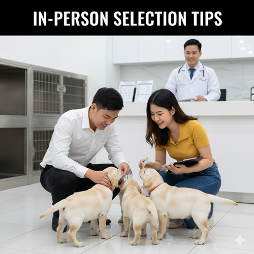 Cặp đôi trẻ đang kiểm tra đàn chó Labrador con tại phòng khám thú y, có bác sĩ đứng phía sau quan sát