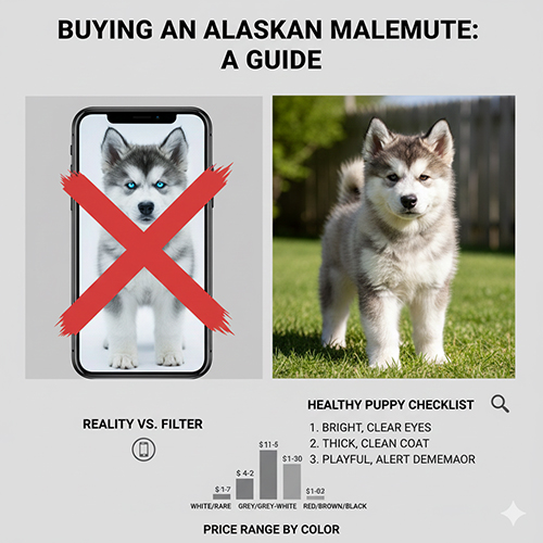 So sánh ảnh rao bán chó Alaska xám trắng qua filter và chó Alaska con ngoài đời thực khỏe mạnh