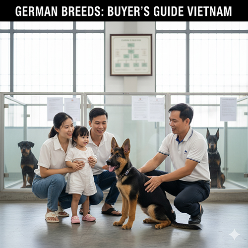 Gia đình Việt cùng nhân viên trại chó kiểm tra một chú Becgie con khỏe mạnh trong khu chuồng sạch sẽ, có giấy tờ rõ ràng.