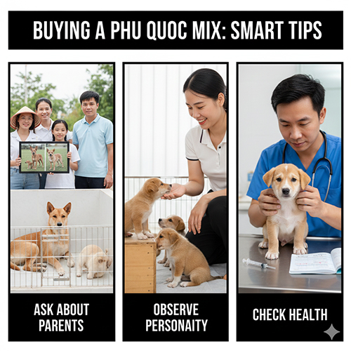 Ảnh minh họa các bước chọn mua chó Phú Quốc lai: xem bố mẹ, quan sát tính cách chó con và kiểm tra sức khỏe với thú y.