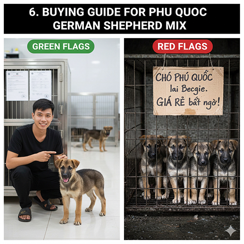 Hai hình đối lập: trái là người bán uy tín với chó khỏe mạnh, phải là lồng nhiều chó con “giá rẻ bất ngờ”