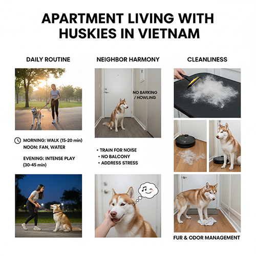 Hình ảnh minh họa kinh nghiệm nuôi chó Husky trong chung cư và nhà phố tại Việt Nam.