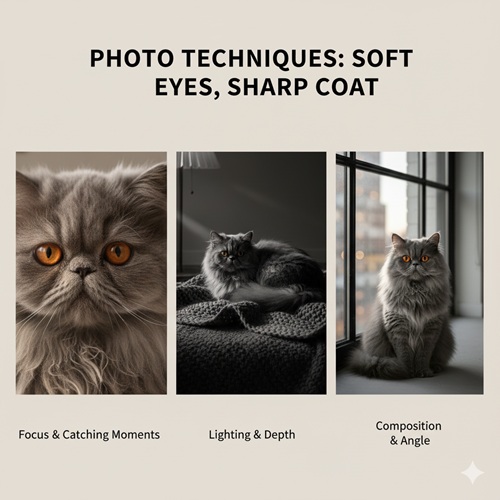 Ba kỹ thuật chụp mèo Ba Tư xám gồm lấy nét vào mắt, dùng ánh sáng tạo chiều sâu và chọn góc – bố cục tôn khối mặt và coat
