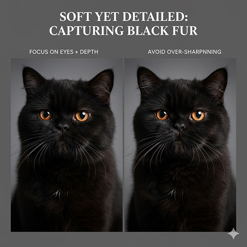 So sánh hai ảnh mèo Ba Tư đen: một ảnh rõ mắt và chiều sâu, một ảnh bị oversharpen