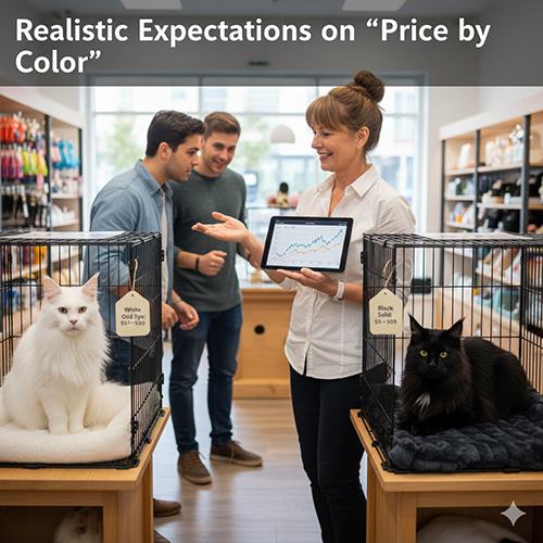 Nhân viên đang tư vấn giá mèo Maine Coon theo màu trắng và đen trong cửa hàng thú cưng
