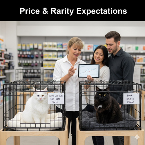 Nhân viên tư vấn đang giải thích giá và độ hiếm của Maine Coon trắng odd-eye và Maine Coon đen cho khách