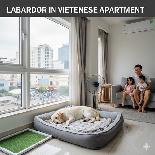 Chó Labrador sống trong căn hộ chung cư tại Việt Nam với không gian sinh hoạt gia đình