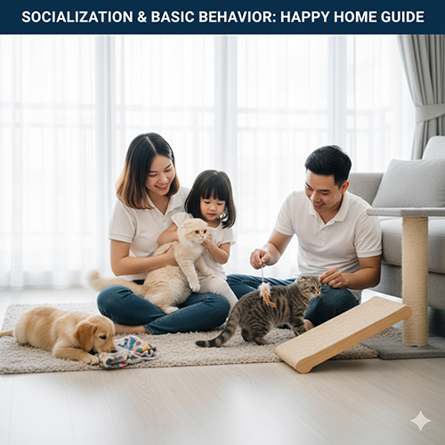 Gia đình cùng bé nhỏ chơi với hai mèo và một cún con trong phòng khách, giúp các thú cưng làm quen và hòa nhập an toàn.