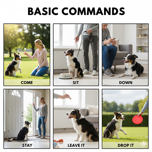 Các lệnh cơ bản trong huấn luyện chó Border Collie như lại đây, ngồi, nằm, ở yên