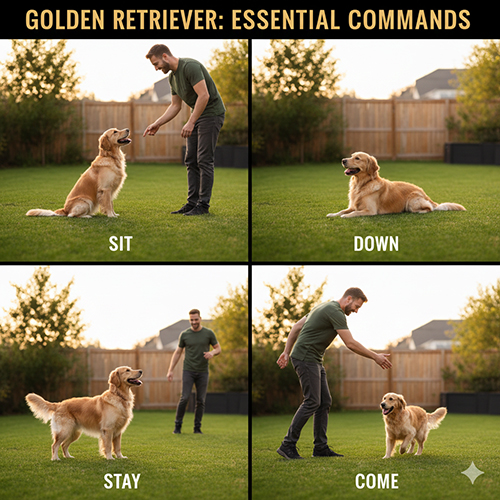 Chủ đang huấn luyện chó Golden Retriever thực hành bốn lệnh cơ bản: ngồi, nằm, ở yên và lại đây trên bãi cỏ xanh.