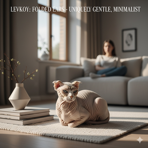 Mèo Levkoy tai cụp nằm trên thảm, minh họa kiểu tai gập vào trong và vibe dịu – tối giản.