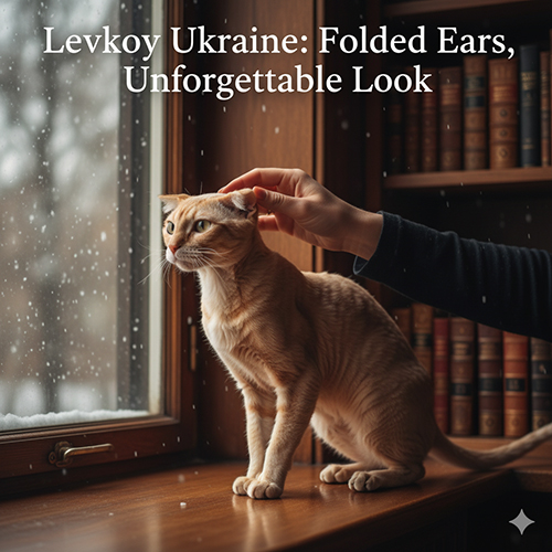 Mèo Levkoy Ukraine với đôi tai cụp vào trong đứng bên cửa sổ tuyết rơi, được vuốt ve nhẹ nhàng