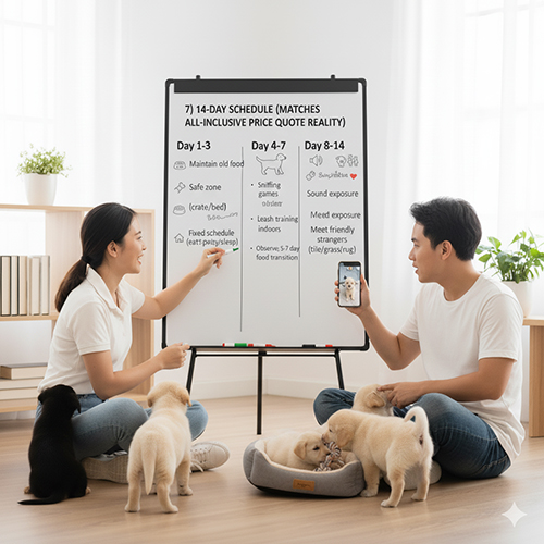Cặp đôi trẻ ngồi cùng bốn chú chó con trước bảng ghi lịch 14 ngày đầu chăm sóc chó cỏ con, chia theo giai đoạn 1–3, 4–7 và 8–14 ngày.