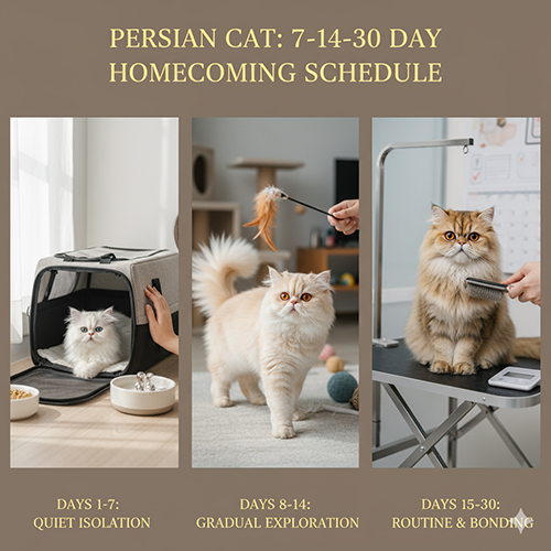 Ba giai đoạn đón mèo Ba Tư gồm cách ly tuần đầu, khám phá dần và ổn định routine chăm sóc.