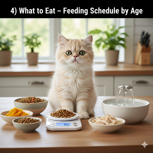 Mèo Ba Tư con ngồi trước cân điện tử và các món ăn phù hợp cho kitten như hạt, gà chín, bí đỏ và máy nước