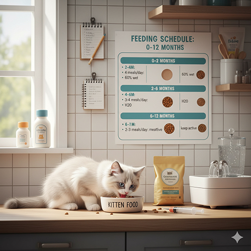 Mèo Ragdoll con ăn trong bếp, phía sau là bảng lịch ăn 0–12 tháng dành cho mèo con