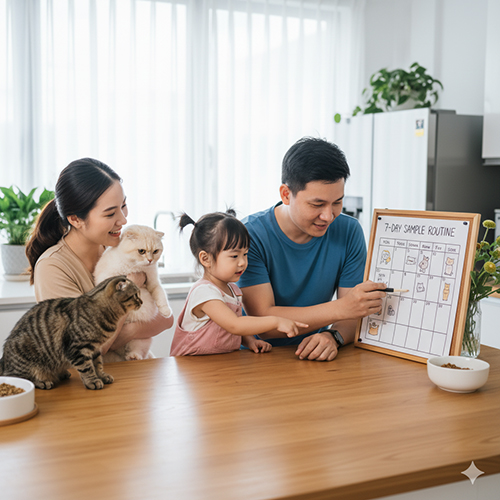 Gia đình cùng con nhỏ và hai bé mèo xem bảng lịch chăm 7 ngày mẫu được vẽ chi tiết trên bảng trắng trong bếp.