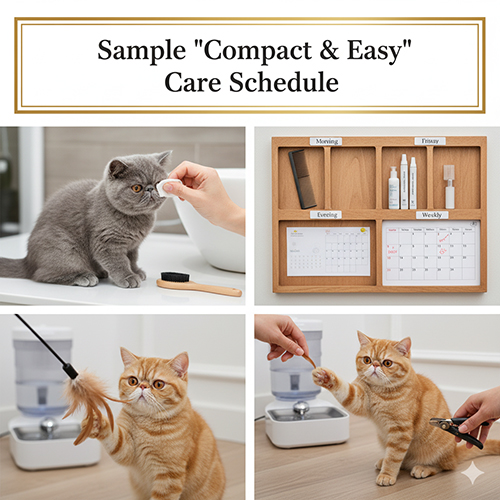 Bộ ảnh lịch chăm mèo Ba Tư lông ngắn: lau mắt, chải lông, chơi cần câu và kiểm tra móng – tai theo từng thời điểm trong ngày.