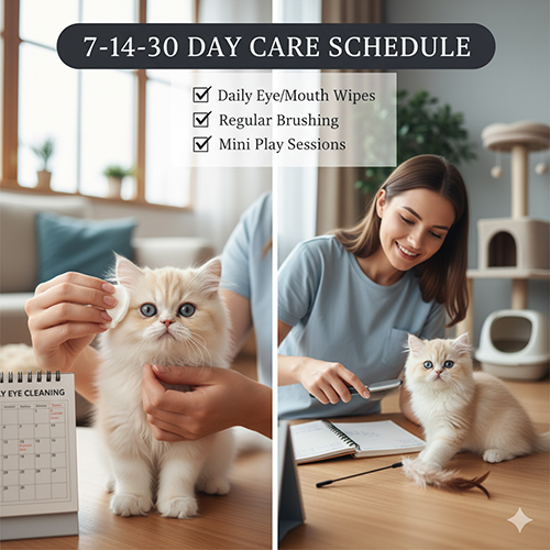 người chăm sóc đang lau mắt và chải lông cho mèo Ba Tư con theo lịch 7–14–30 ngày