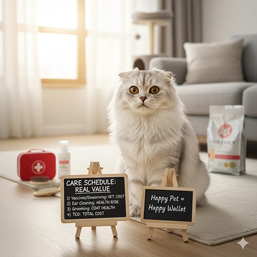 Mèo tai cụp Scottish Fold màu xám trắng ngồi cạnh bảng hướng dẫn lịch chăm sóc, với các mục như vaccine, vệ sinh tai và grooming.